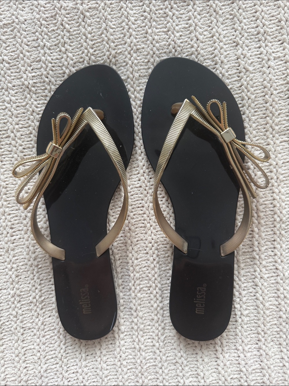Melissa Black and Gold Bow Detail Flip Flop Sandals